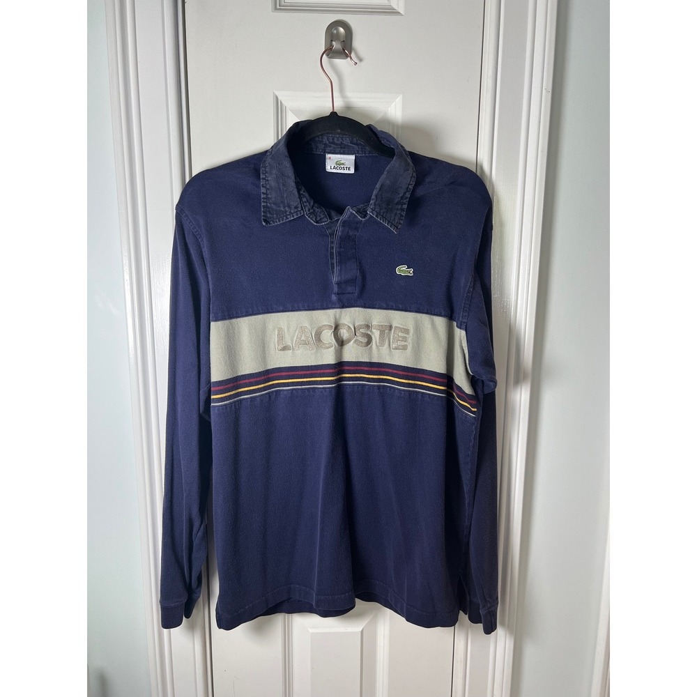 Vintage Lacoste Long Sleeve Rugby Polo Shirt Navy Blue Spellout Logo Mens M